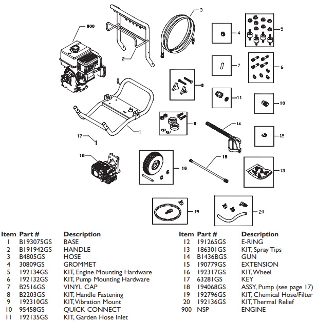 Briggs & Stratton pressure washer model 01988-0 replacement parts, pump breakdown, repair kits, owners manual and upgrade pump.